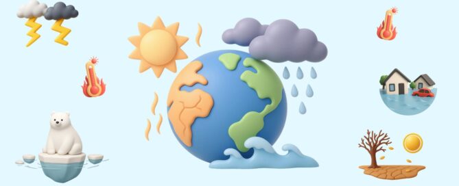 Iconos cambio climático: oso polar en un bloque de hielo, tormentas, inundaciones, sequía