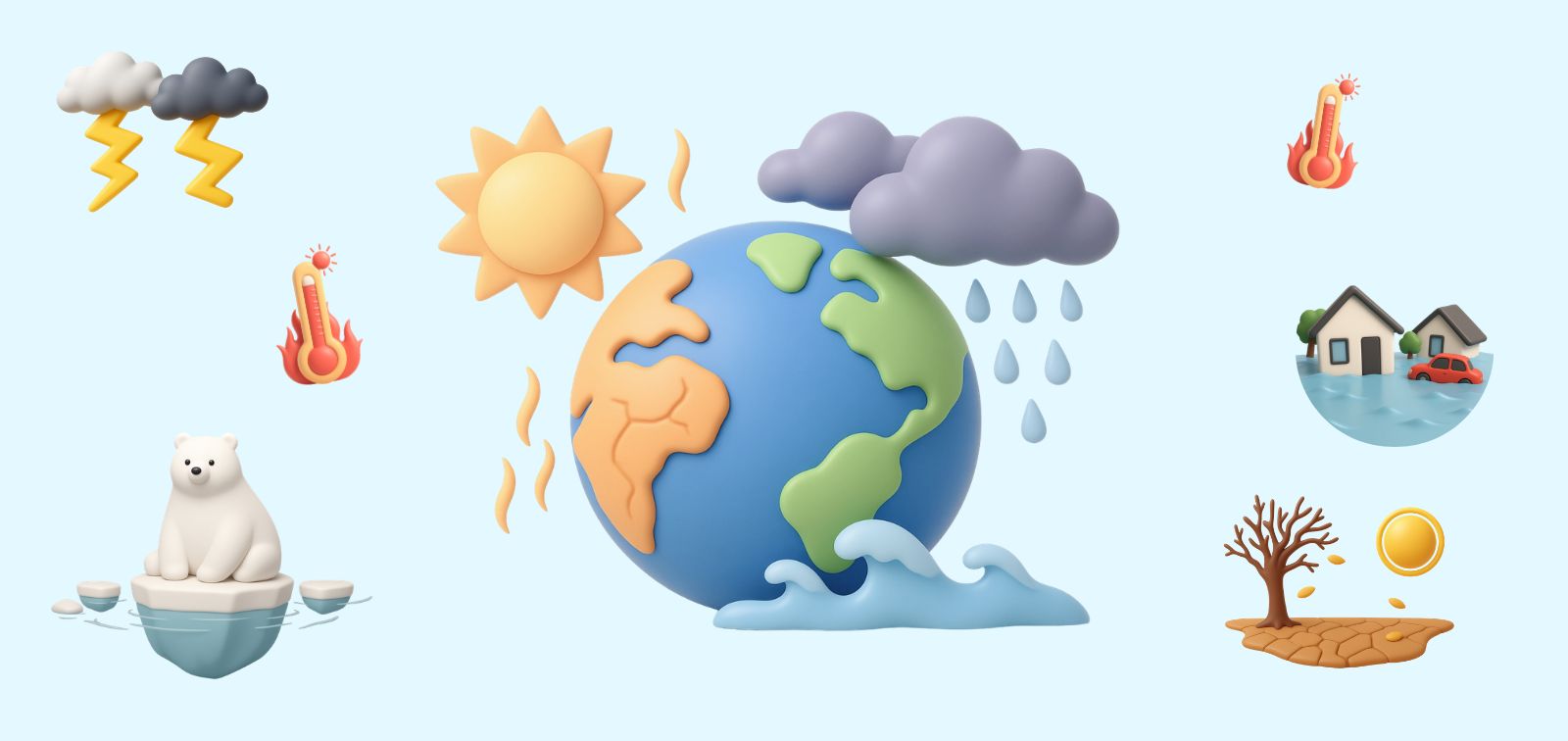 Iconos cambio climático: oso polar en un bloque de hielo, tormentas, inundaciones, sequía