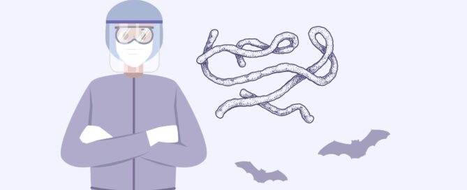 iconos de persona con Equipo de Protección Personal, del Ebolavirus y de murciélagos