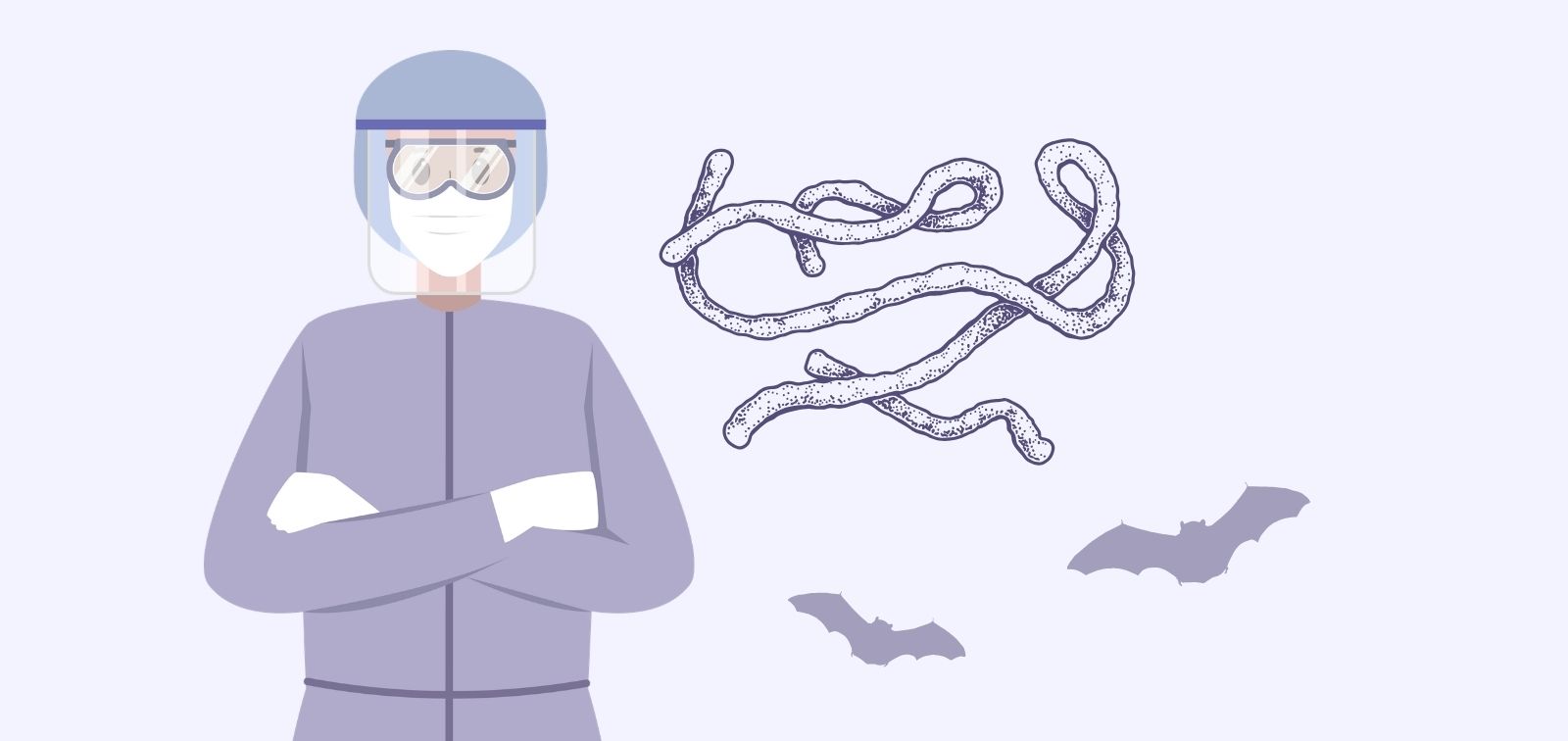 iconos de persona con Equipo de Protección Personal, del Ebolavirus y de murciélagos