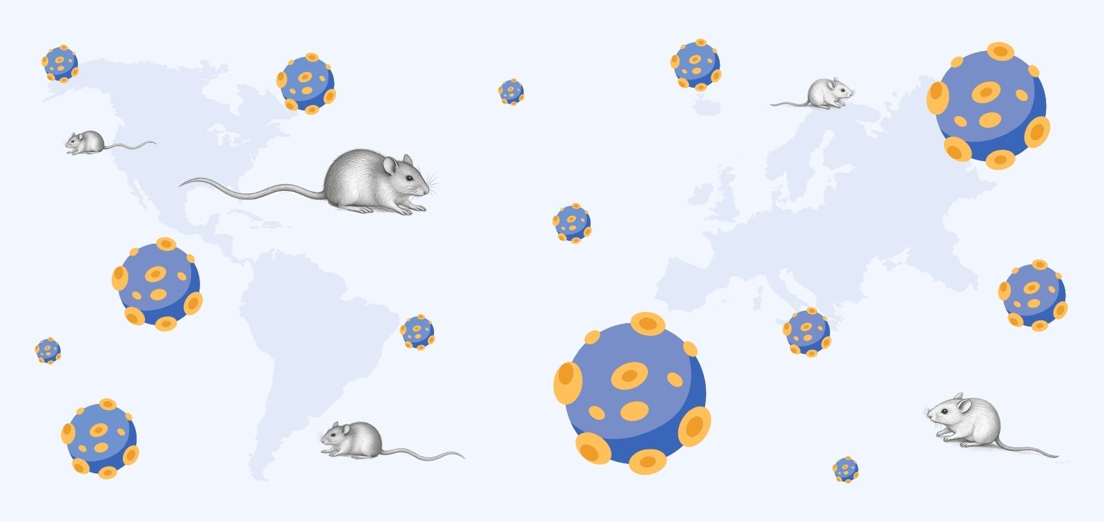 Iconos de hantavirus y ratones (reservorio animal) frente a un mapa de América, Asia y Europa, las principales zonas con presencia del virus