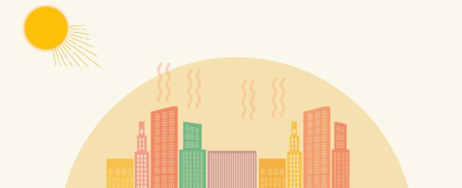 Ciudad bajo un domo de calor y un sol radiante para ilustrar la isla de calor urbana