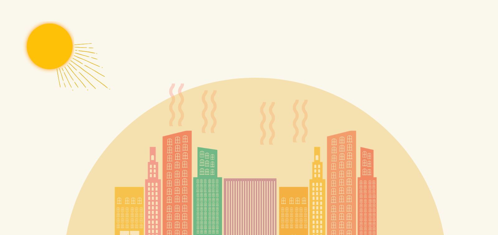 Ciudad bajo un domo de calor y un sol radiante para ilustrar la isla de calor urbana