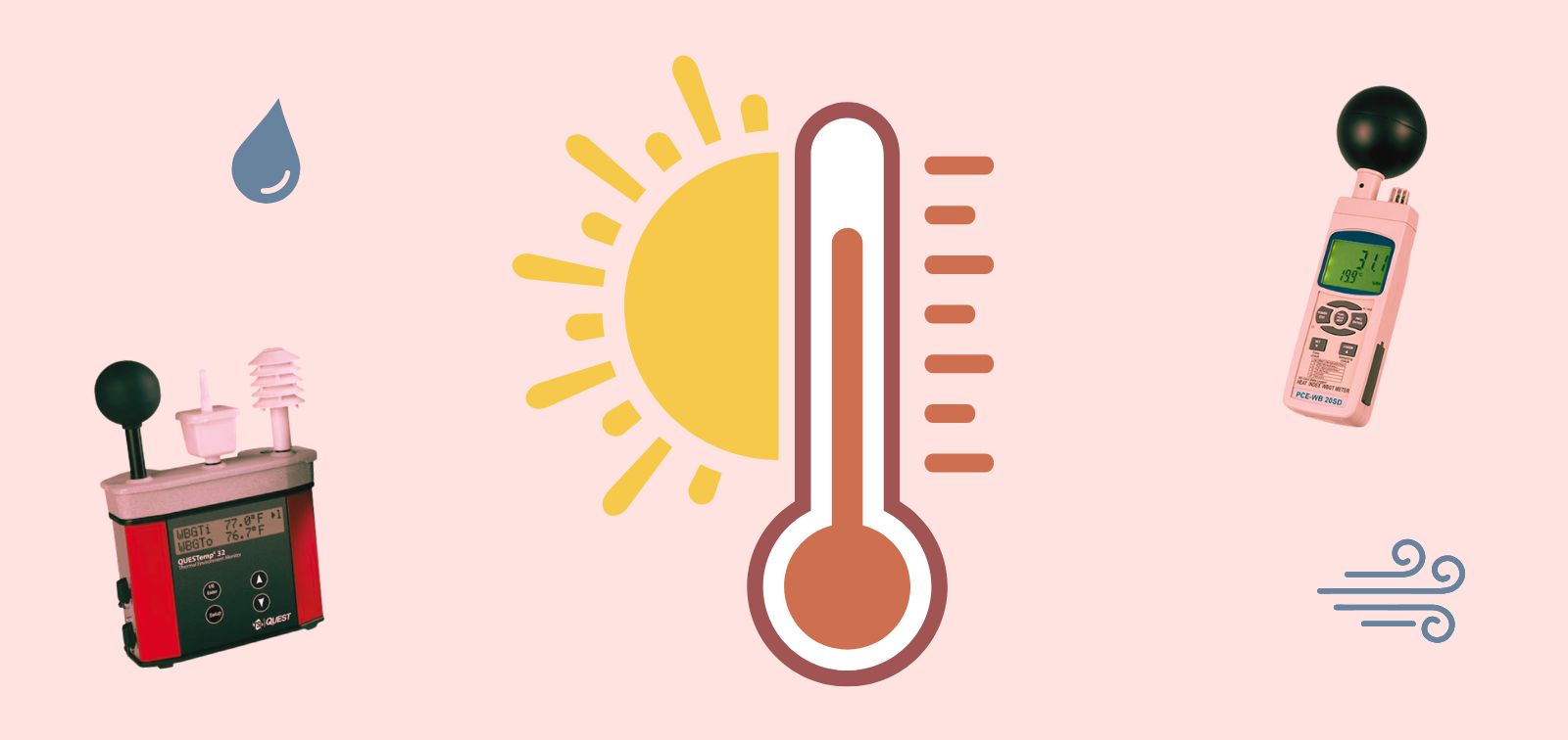 Termómetro con iconos de sol, humedad, viento y medidores de la TGBH